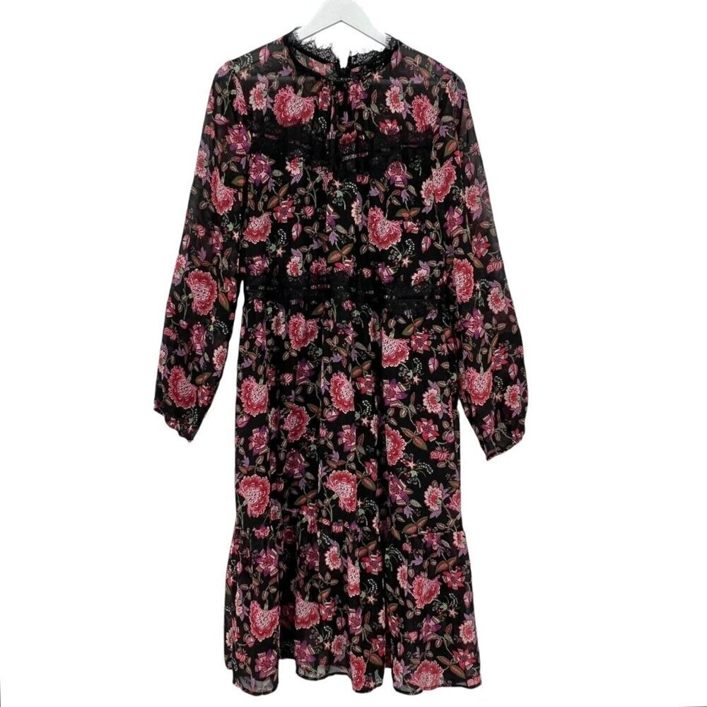 Nine West Midi Dress Size(?) Floral Lace Chiffon Ruffle Hem L/S NO SIZE TAG